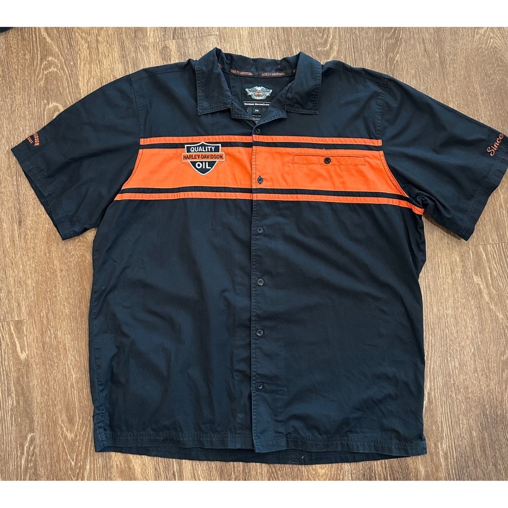 Harley Davidson Mens 2XL Black Orange Quality Oil Garage Shirt 99077-12VM